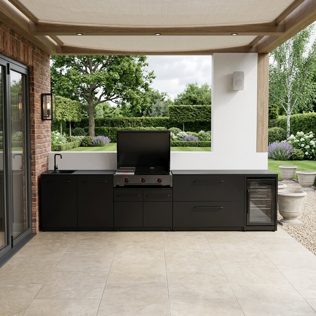 Cozze® Elements Modular Outdoor Kitchen with Gas Grill, Storage, Fridge and Sink in Black