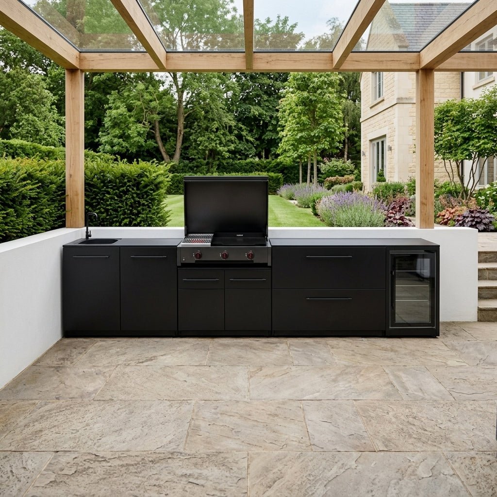 Cozze® Elements Modular Outdoor Kitchen with Gas Grill, Storage, Fridge and Sink in Black