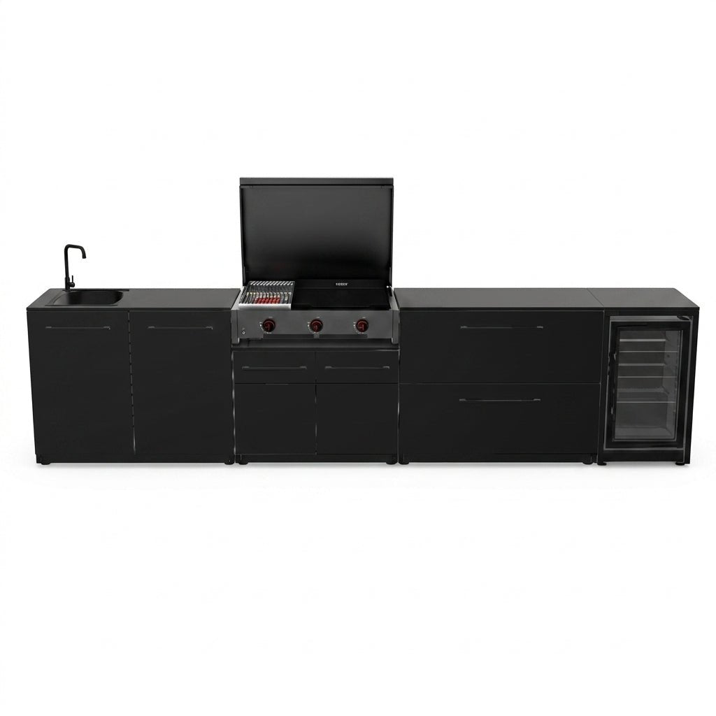 Cozze® Elements Modular Outdoor Kitchen with Gas Grill, Storage, Fridge and Sink in Black
