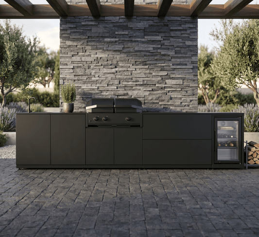 Cozze® Elements Modular Outdoor Kitchen with Gas Grill, Storage, Fridge and Sink in Black