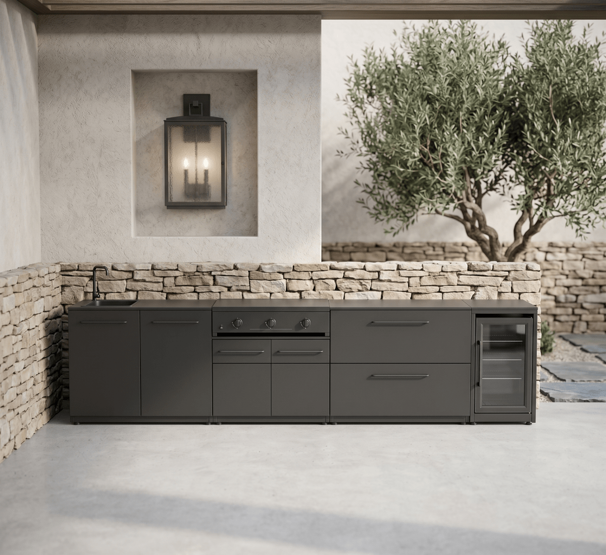 Cozze® Elements Modular Outdoor Kitchen with Gas Grill, Storage, Fridge and Sink in Black