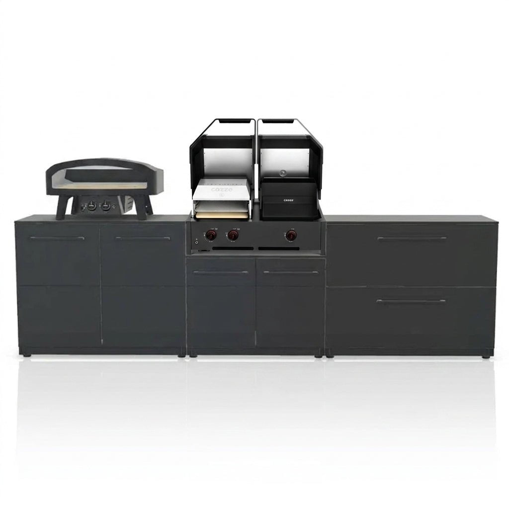 Cozze® Elements Modular Outdoor Kitchen with Quattro 900 Grill, Storage, and Optional Gas Pizza Oven in Black