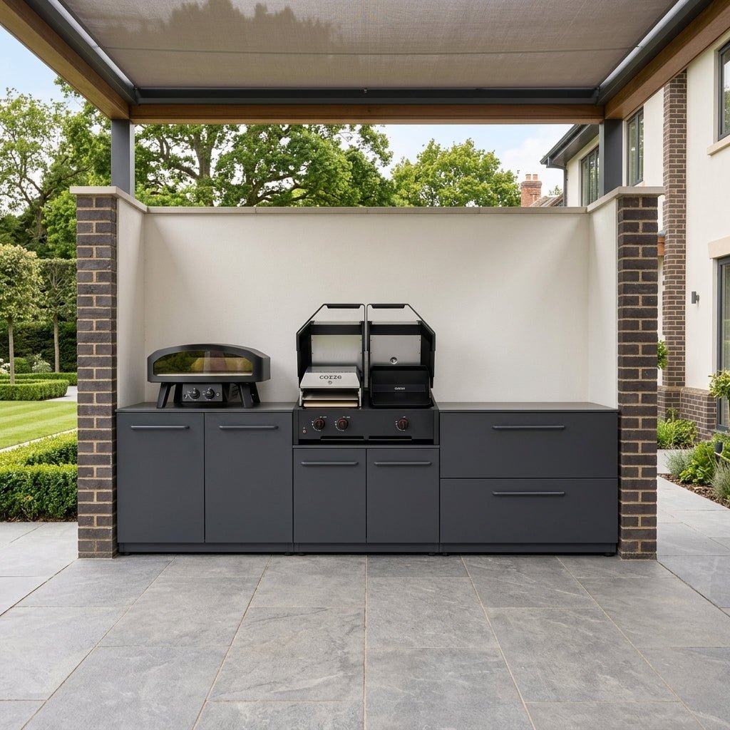 Cozze® Elements Modular Outdoor Kitchen with Quattro 900 Grill, Storage, and Optional Gas Pizza Oven in Black