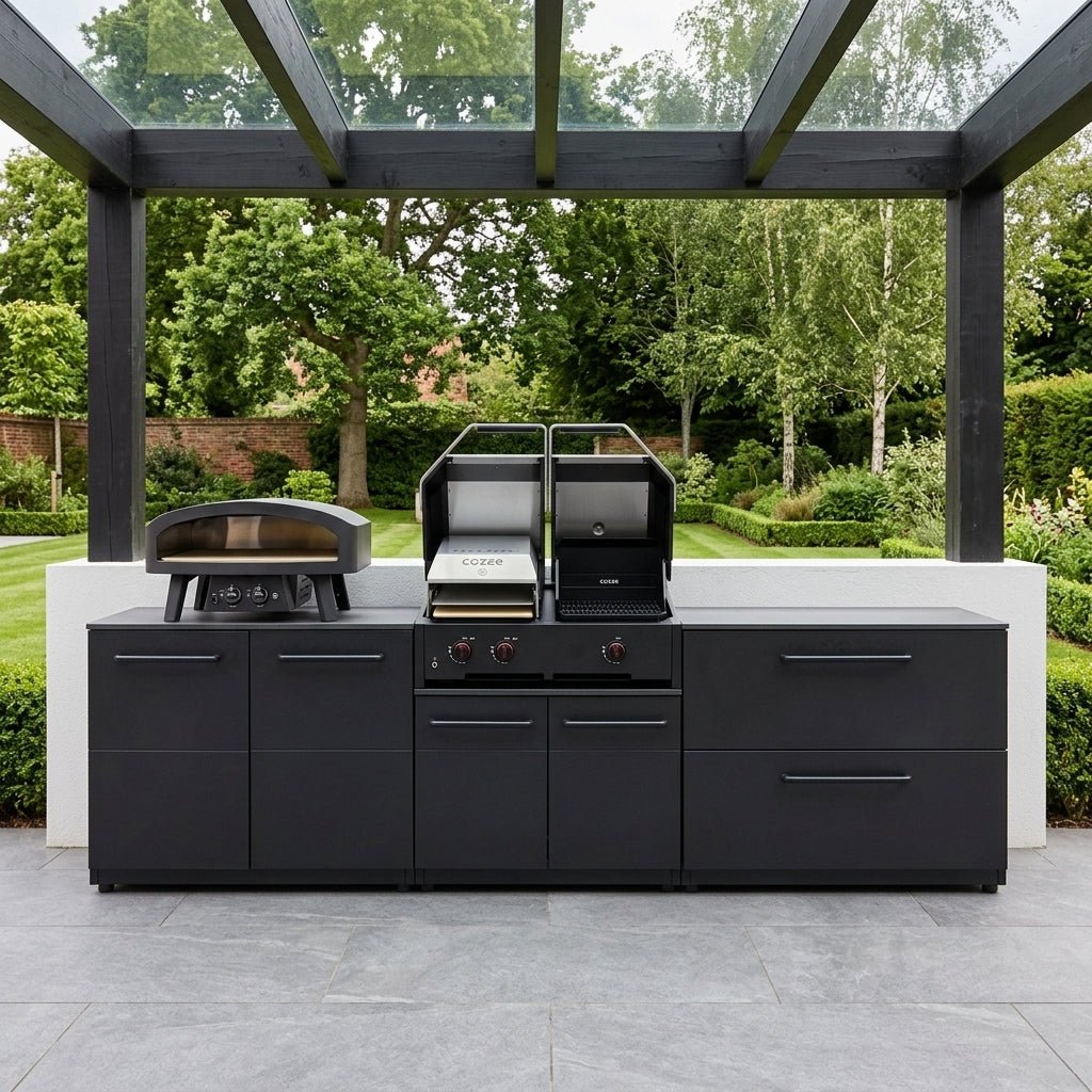 Cozze® Elements Modular Outdoor Kitchen with Quattro 900 Grill, Storage, and Optional Gas Pizza Oven in Black