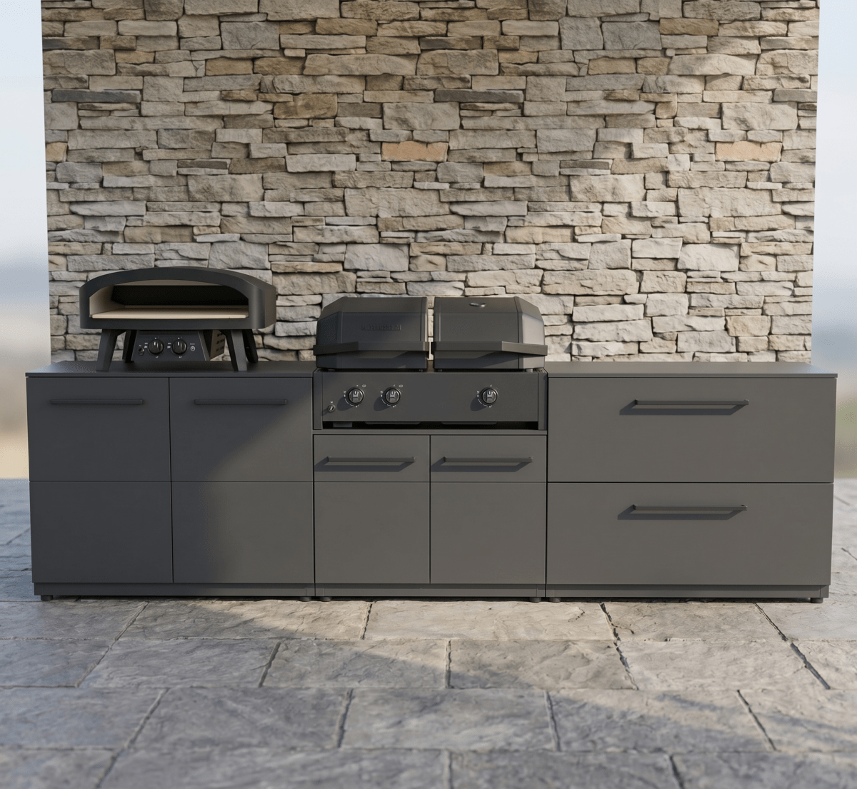 Cozze® Elements Modular Outdoor Kitchen with Quattro 900 Grill, Storage, and Optional Gas Pizza Oven in Black