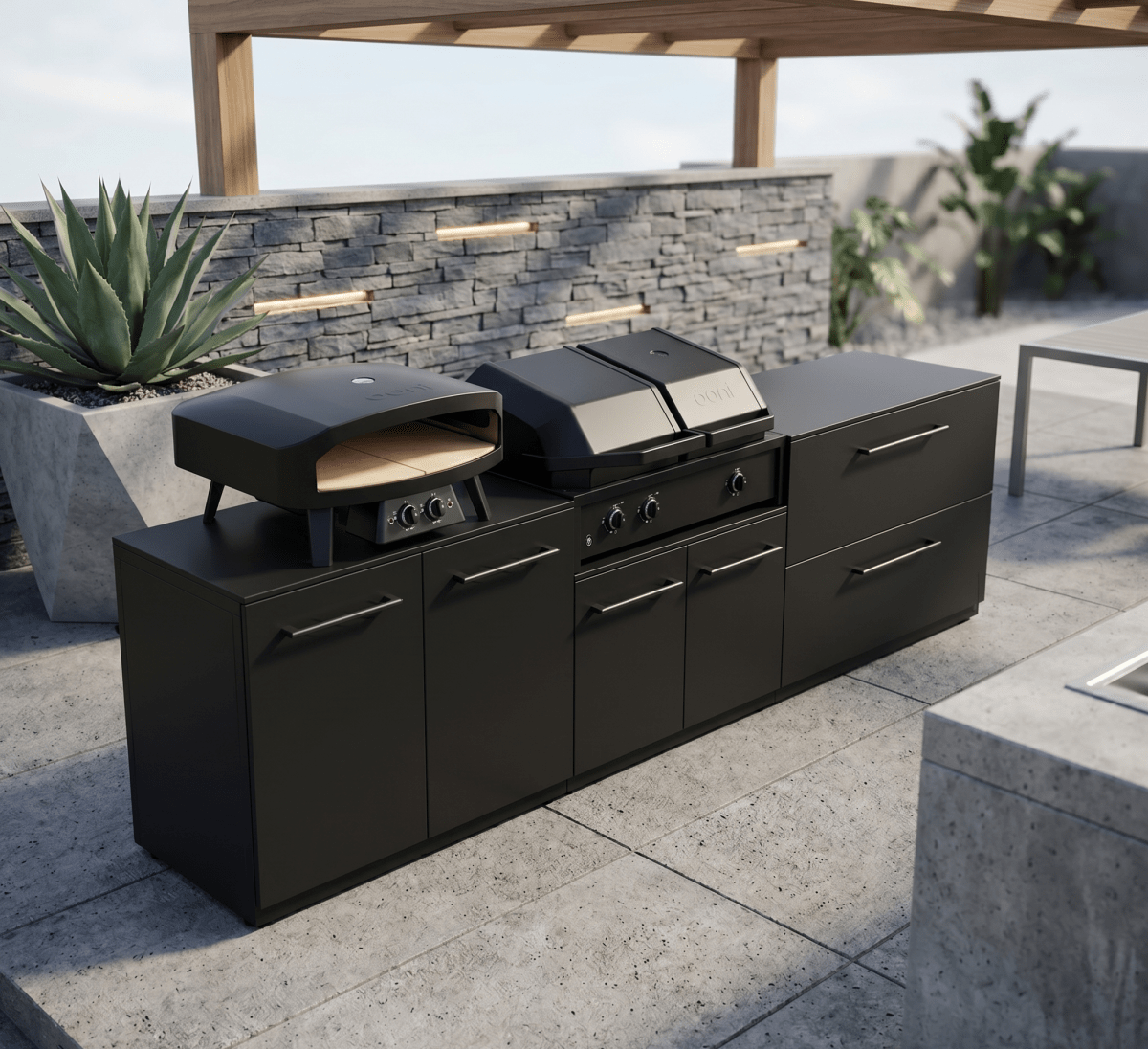 Cozze® Elements Modular Outdoor Kitchen with Quattro 900 Grill, Storage, and Optional Gas Pizza Oven in Black