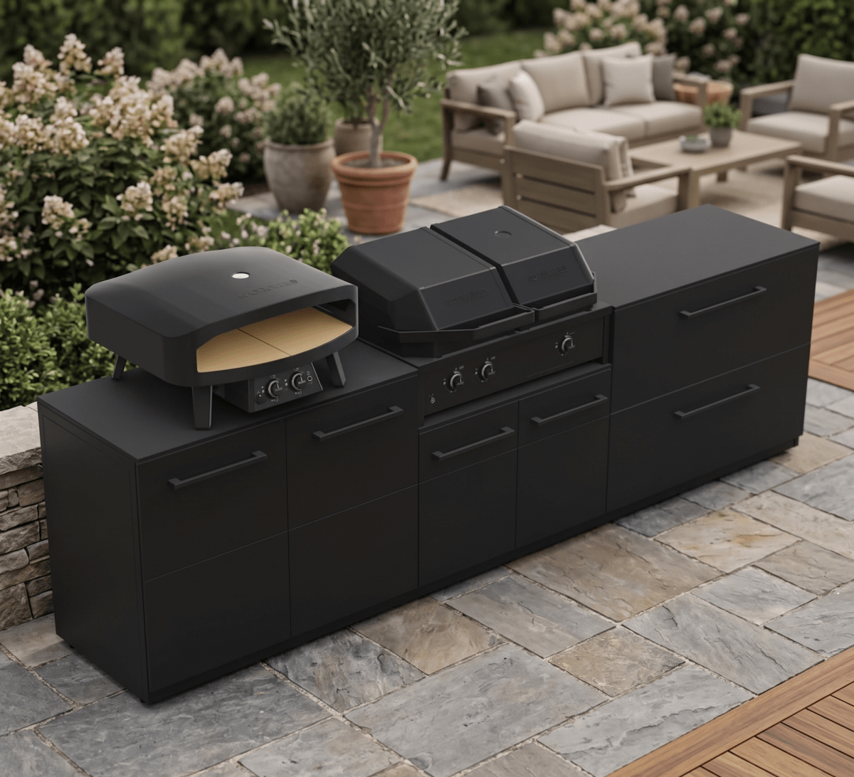 Cozze® Elements Modular Outdoor Kitchen with Quattro 900 Grill, Storage, and Optional Gas Pizza Oven in Black