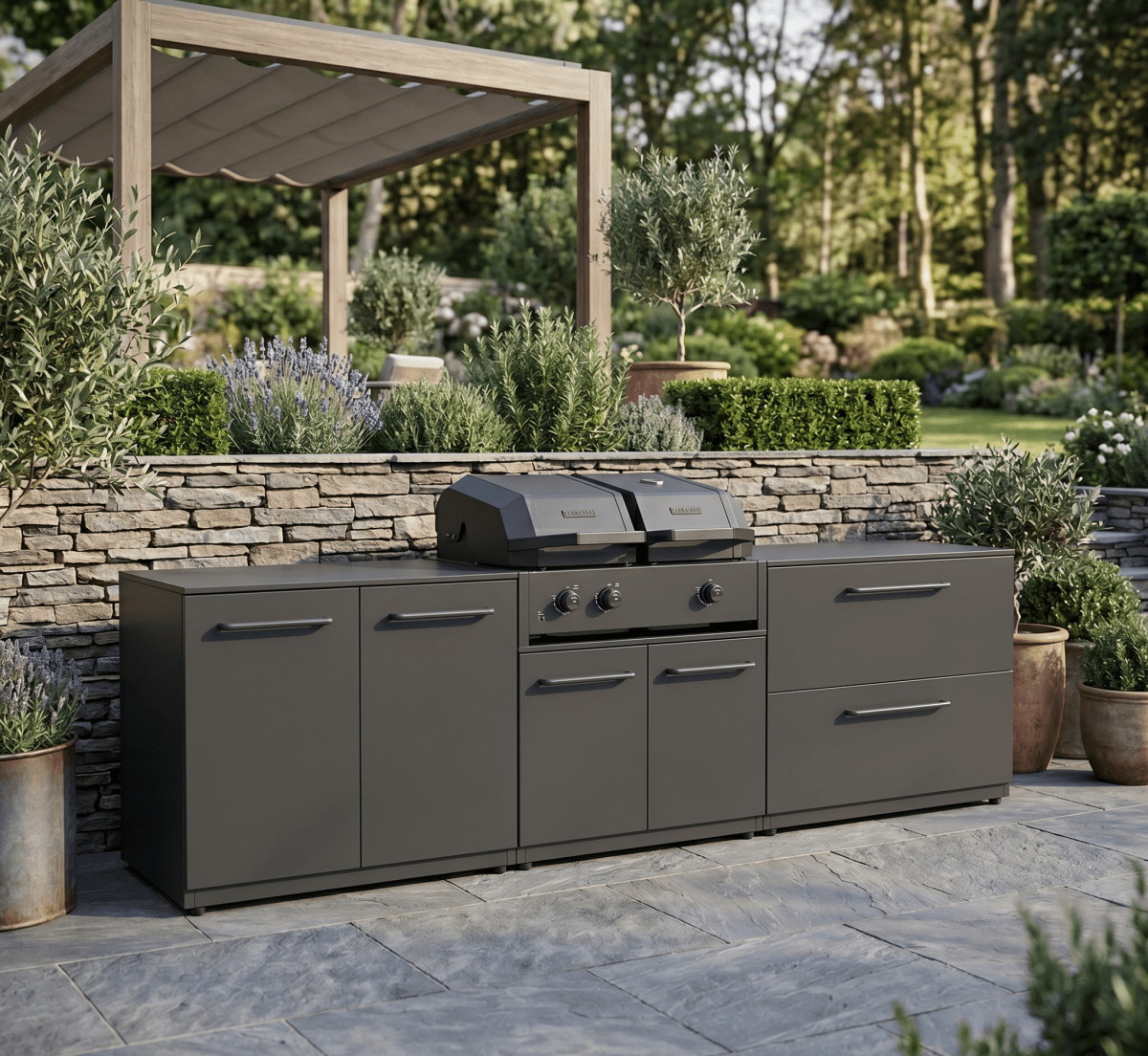 Cozze® Elements Modular Outdoor Kitchen with Quattro 900 Grill, Storage, and Optional Gas Pizza Oven in Black