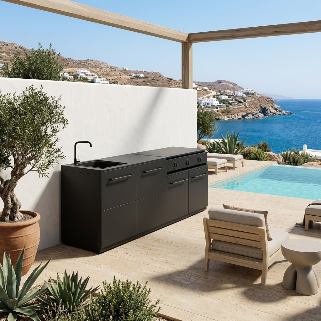 Cozze® Elements Outdoor Kitchen with Storage, Sink, and Combo 900 Grill in Black