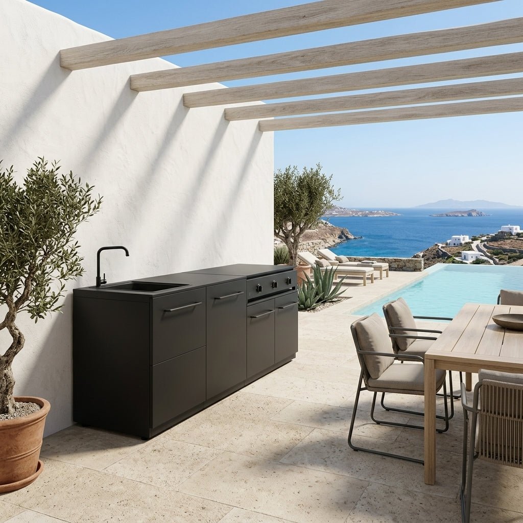 Cozze® Elements Outdoor Kitchen with Storage, Sink, and Combo 900 Grill in Black