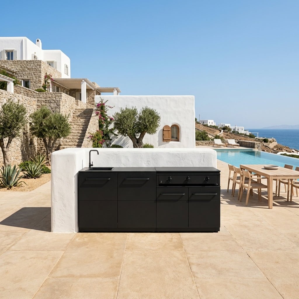 Cozze® Elements Outdoor Kitchen with Storage, Sink, and Combo 900 Grill in Black