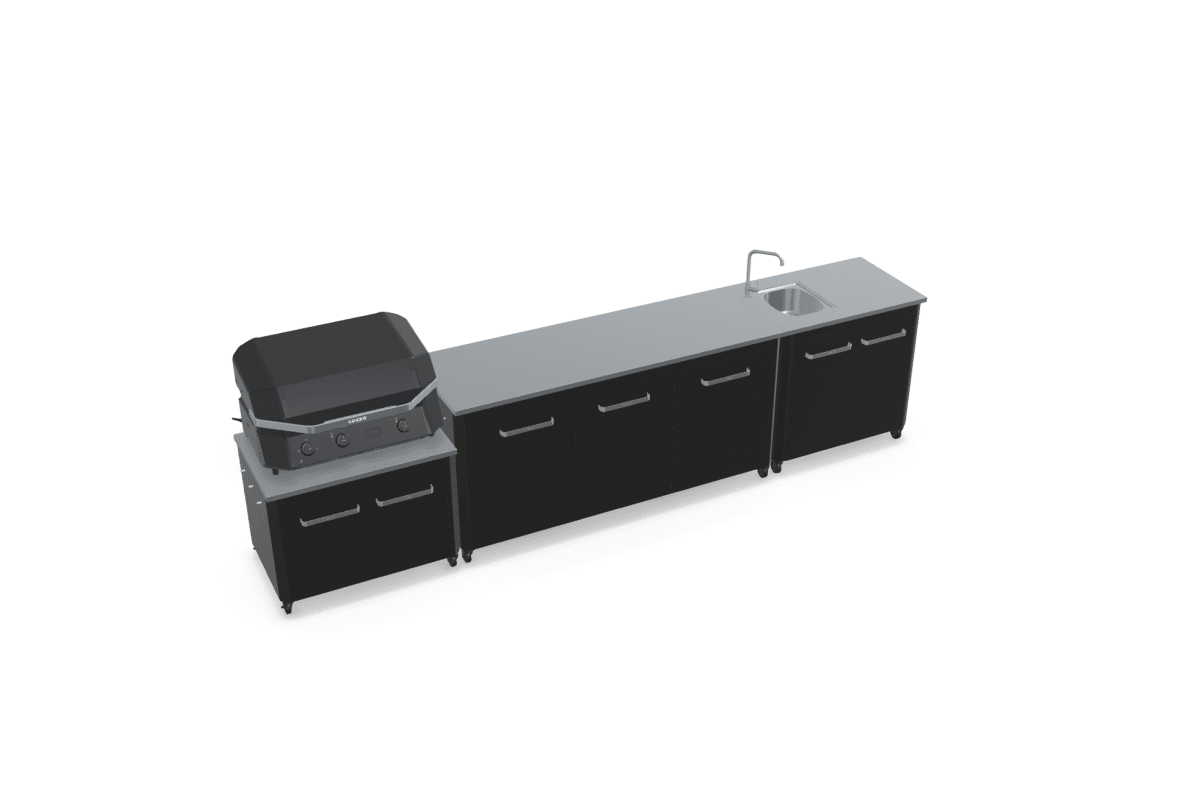 Cozze® Outdoor Kitchen Range with Storage, Sink, Extra Storage, and G-800 COMBO Plancha-Grill in Black