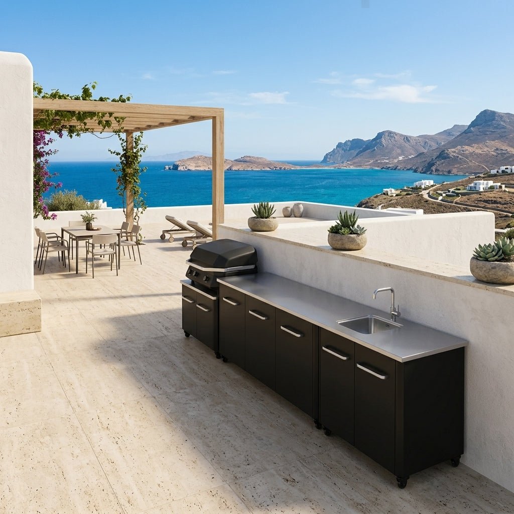 Cozze® Outdoor Kitchen Range with Storage, Sink, Extra Storage, and G-800 COMBO Plancha-Grill in Black