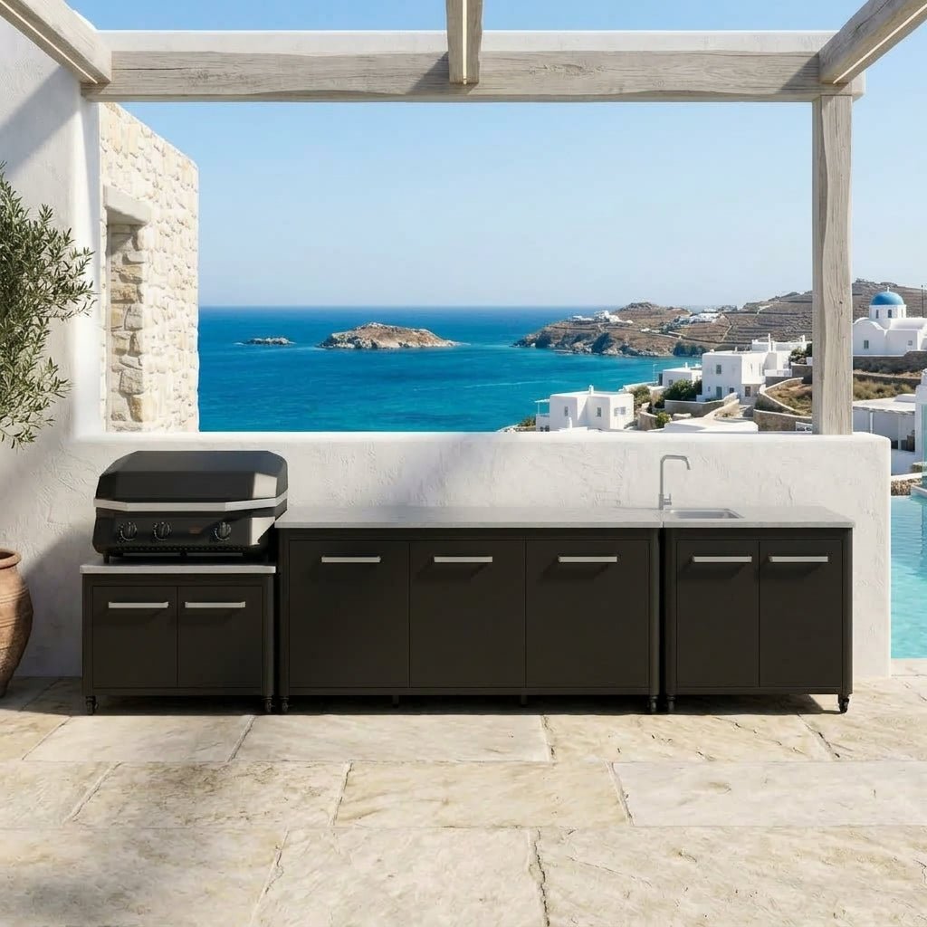Cozze® Outdoor Kitchen Range with Storage, Sink, Extra Storage, and G-800 COMBO Plancha-Grill in Black