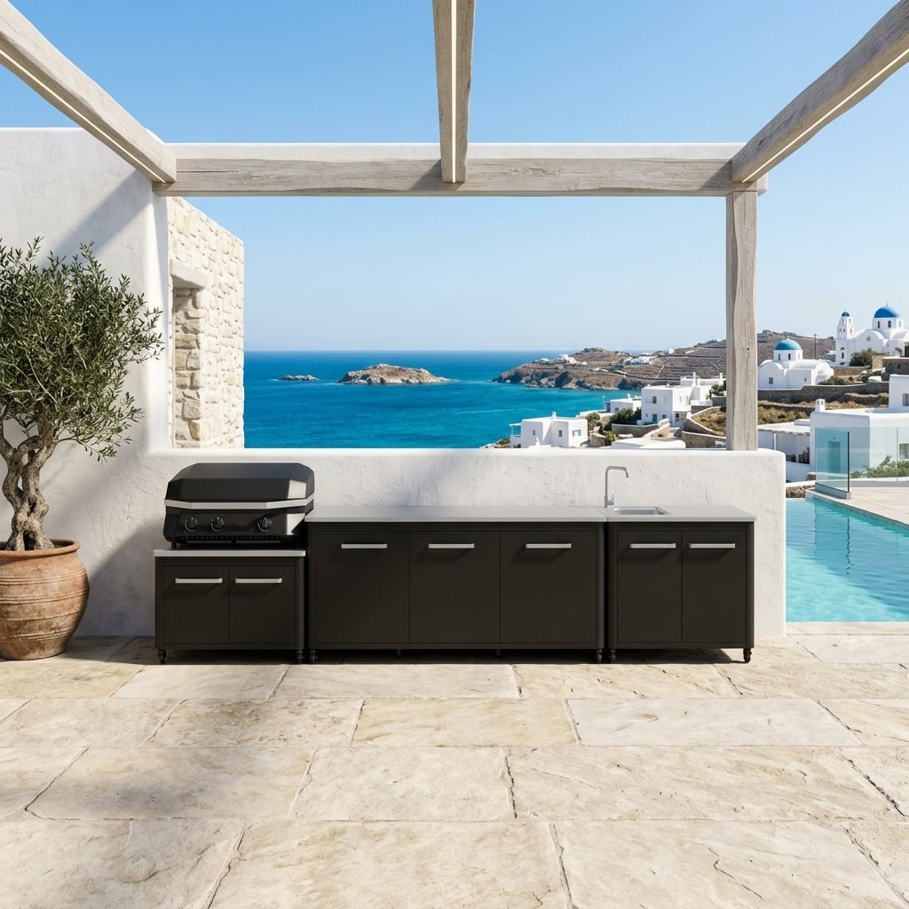 Cozze® Outdoor Kitchen Range with Storage, Sink, Extra Storage, and G-800 COMBO Plancha-Grill in Black