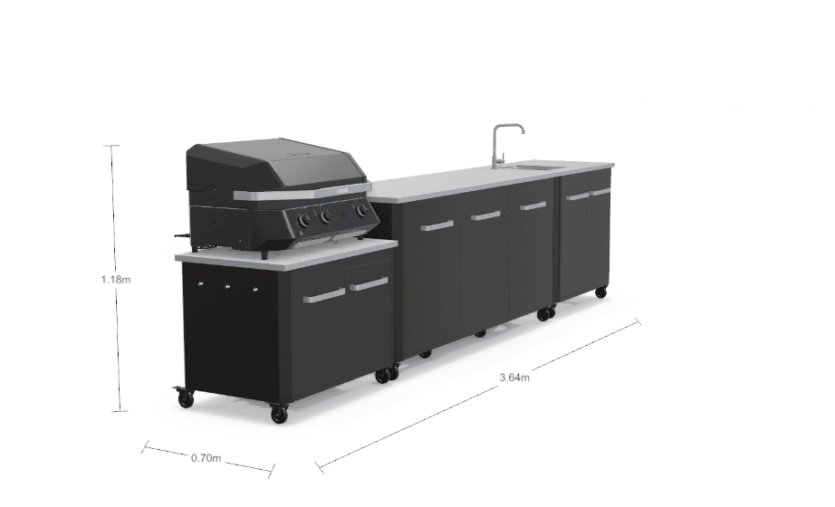 Cozze® Outdoor Kitchen Range with Storage, Sink, Extra Storage, and G-800 COMBO Plancha-Grill in Black