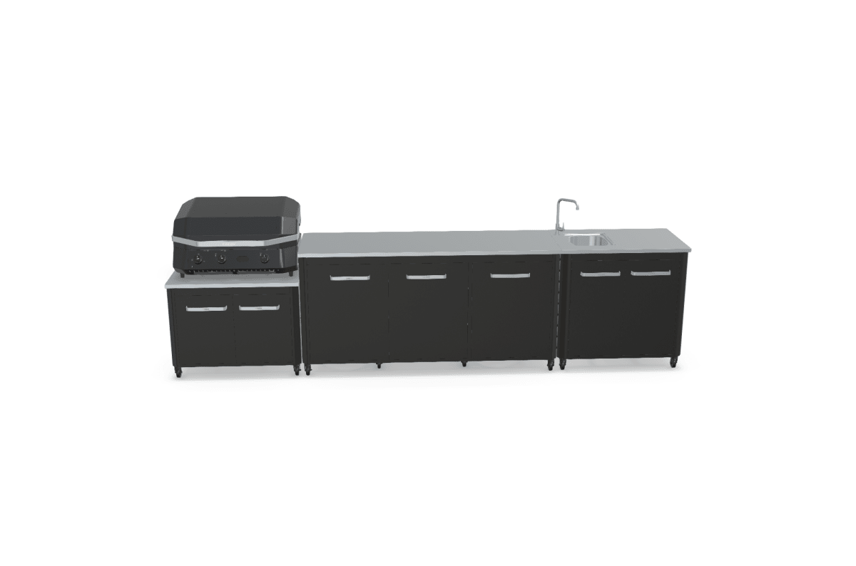 Cozze® Outdoor Kitchen Range with Storage, Sink, Extra Storage, and G-800 COMBO Plancha-Grill in Black