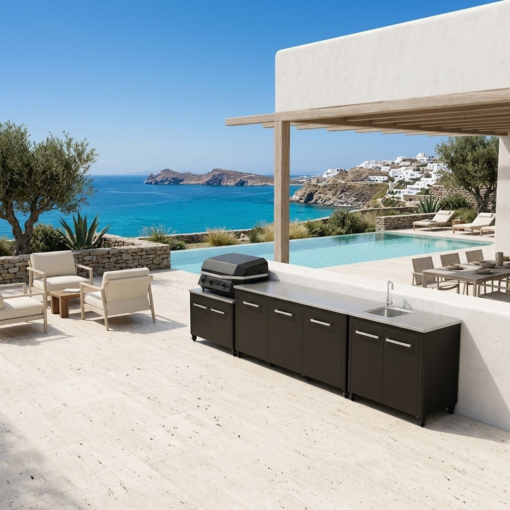 Cozze® Outdoor Kitchen Range with Storage, Sink, Extra Storage, and G-800 COMBO Plancha-Grill in Black