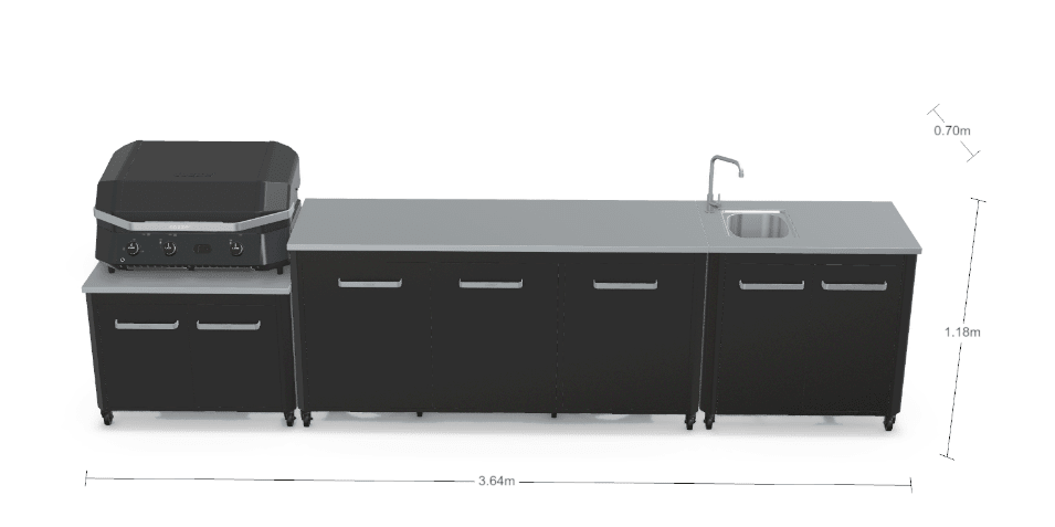 Cozze® Outdoor Kitchen Range with Storage, Sink, Extra Storage, and G-800 COMBO Plancha-Grill in Black