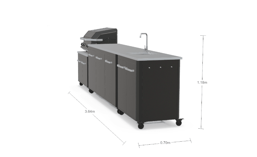 Cozze® Outdoor Kitchen Range with Storage, Sink, Extra Storage, and G-800 COMBO Plancha-Grill in Black