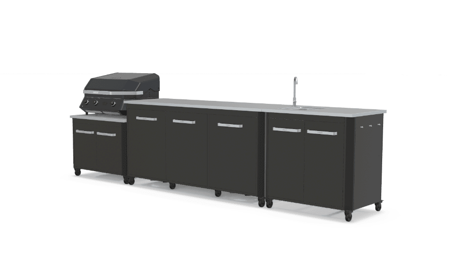 Cozze® Outdoor Kitchen Range with Storage, Sink, Extra Storage, and G-800 COMBO Plancha-Grill in Black