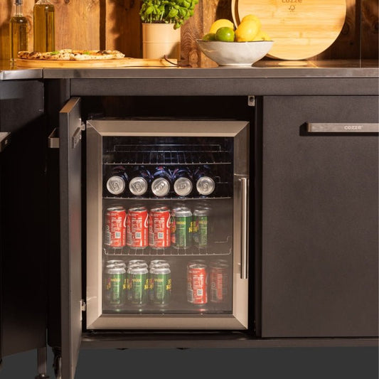 Cozze® Outdoor Fridge 60L with Steel Frame and Glass Front - pizza oven - Ice Cold Spice | Black