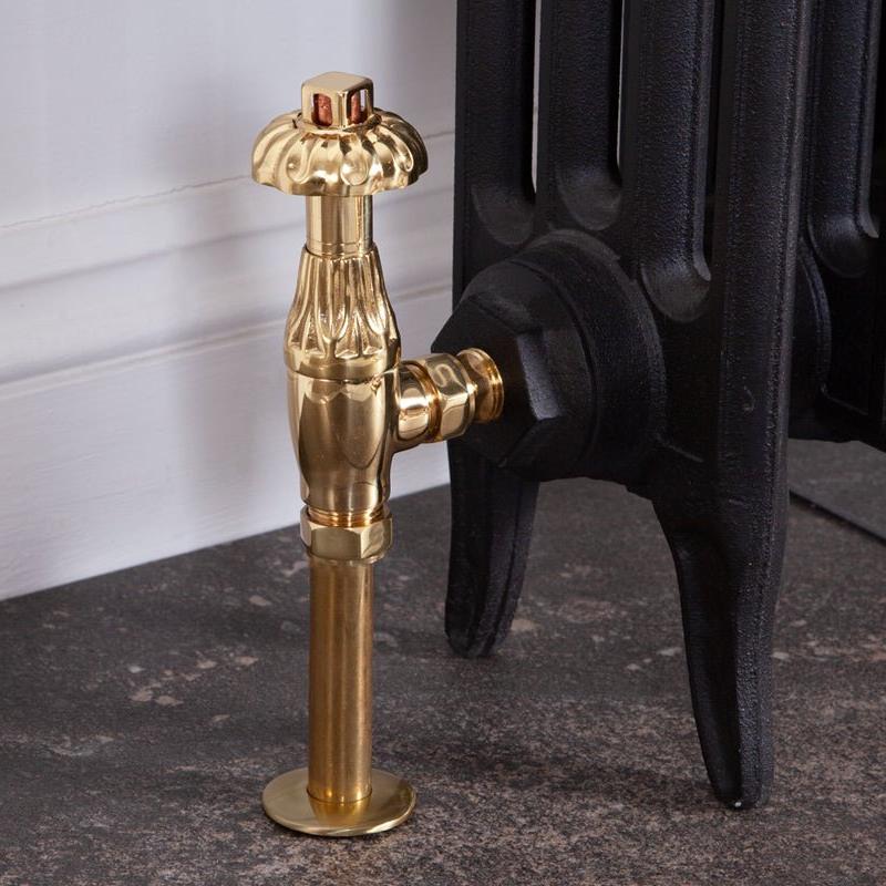 Carron Crocus Wheel 15mm Inlet Thermostatic Radiator Valve - valves - Ice Cold Spice | Lacquered Brushed Brass 15mm