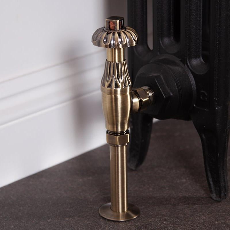 Carron Crocus Wheel 15mm Inlet Thermostatic Radiator Valve - valves - Ice Cold Spice | Lacquered Antique Brass 15mm