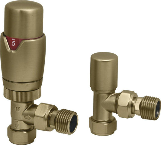 DQ Essential TRV Angled Radiator Valves in Brushed Brass