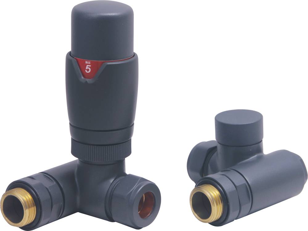DQ Essential TRV Corner Dual Fuel Radiator Valves in Anthracite