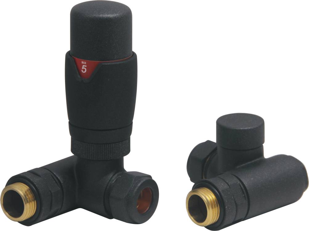 DQ Essential TRV Corner Dual Fuel Radiator Valves in Black