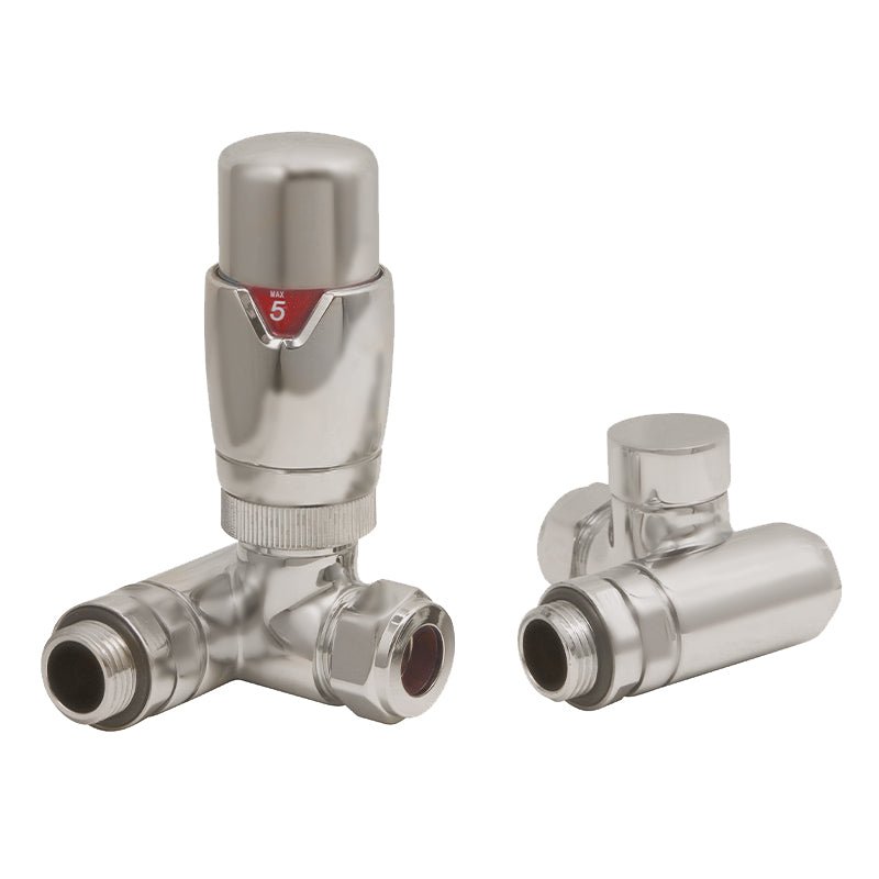 DQ Essential TRV Corner Dual Fuel Radiator Valves in Brushed Nickel