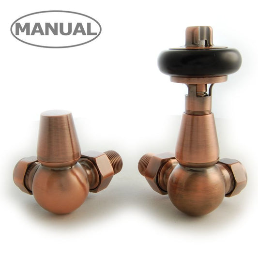 DQ Heating Luxury Enzo Manual Corner Radiator Valves in Antique Copper with Black Heads