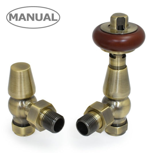 DQ Luxury Enzo Manual Angled Radiator Valves in Old English Brass with Black Heads