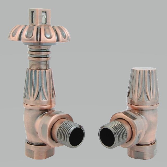 DQ Luxury Morgan TRV Angled Radiator Valves in Antique Copper