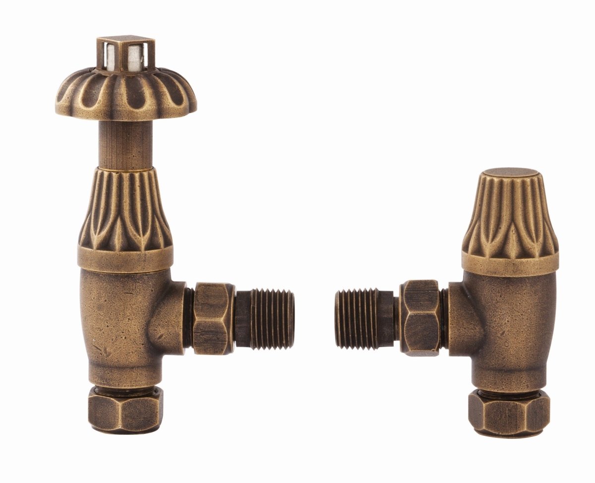 DQ Luxury Morgan TRV Angled Radiator Valves in Vintage Brass