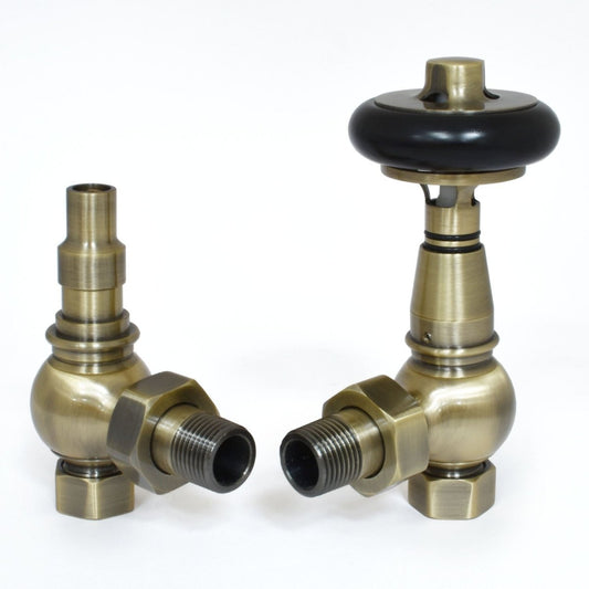DQ Luxury Stanley TRV Angled Radiator Valves in Antique Brass