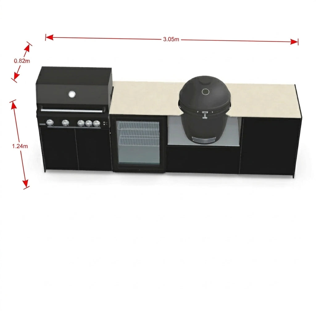 Fontana Forni Ignes Outdoor Modular Kitchen – 4 Burner Gas BBQ, Fridge, 24″ Kamado, and Double-Door Mid Storage