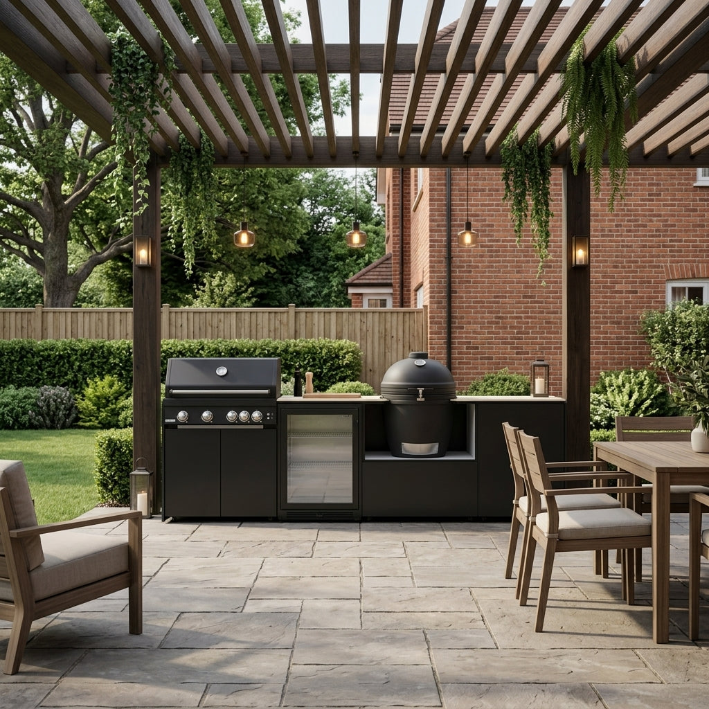 Fontana Forni Ignes Outdoor Modular Kitchen – 4 Burner Gas BBQ, Fridge, 24″ Kamado, and Double-Door Mid Storage