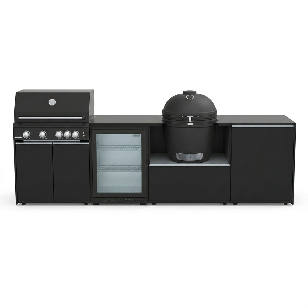 Fontana Forni Ignes Outdoor Modular Kitchen – 4 Burner Gas BBQ, Fridge, 24″ Kamado, and Double-Door Mid Storage