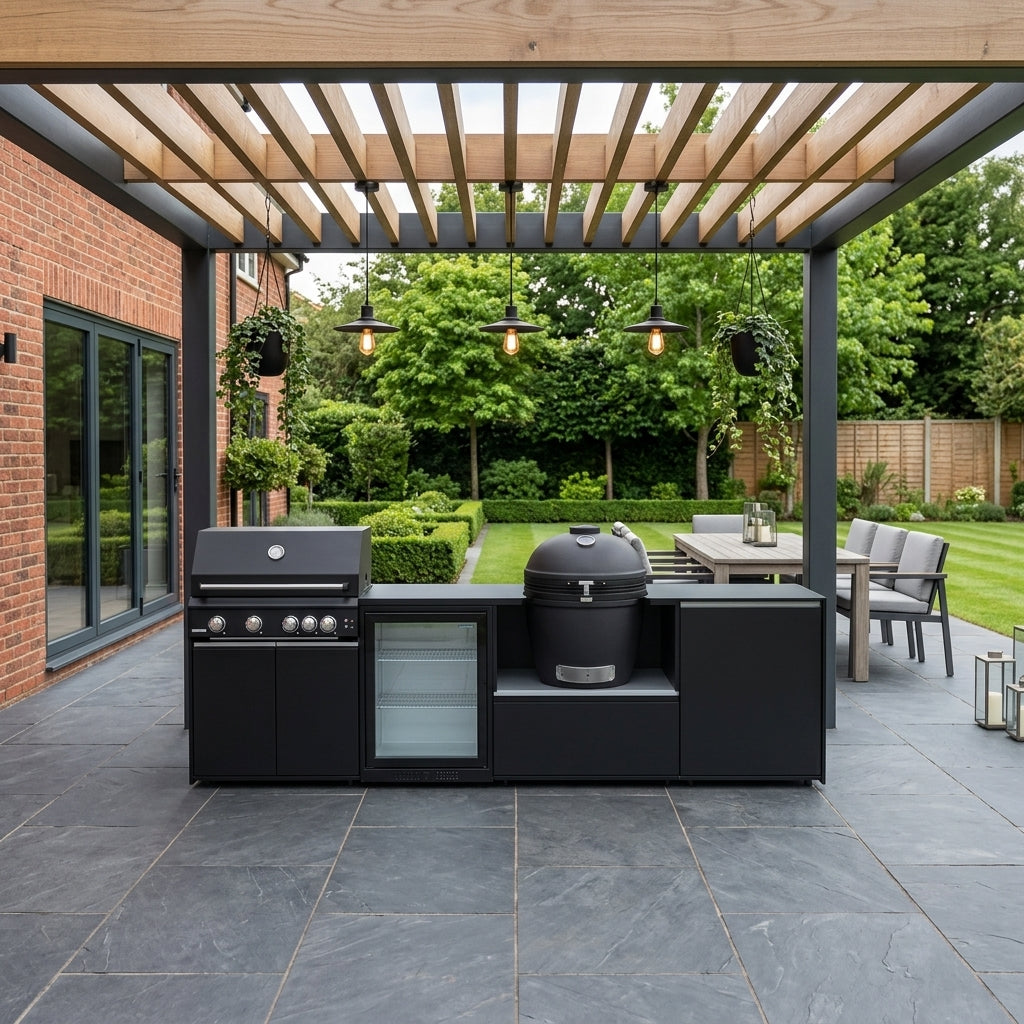 Fontana Forni Ignes Outdoor Modular Kitchen – 4 Burner Gas BBQ, Fridge, 24″ Kamado, and Double-Door Mid Storage