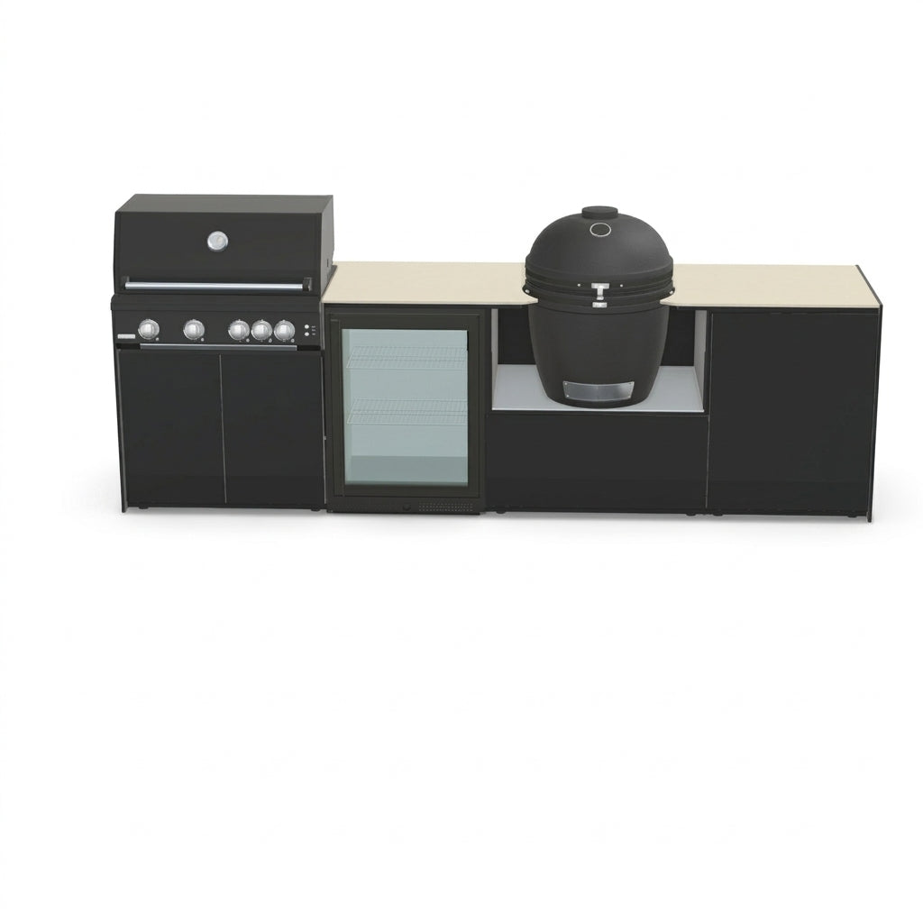 Fontana Forni Ignes Outdoor Modular Kitchen – 4 Burner Gas BBQ, Fridge, 24″ Kamado, and Double-Door Mid Storage