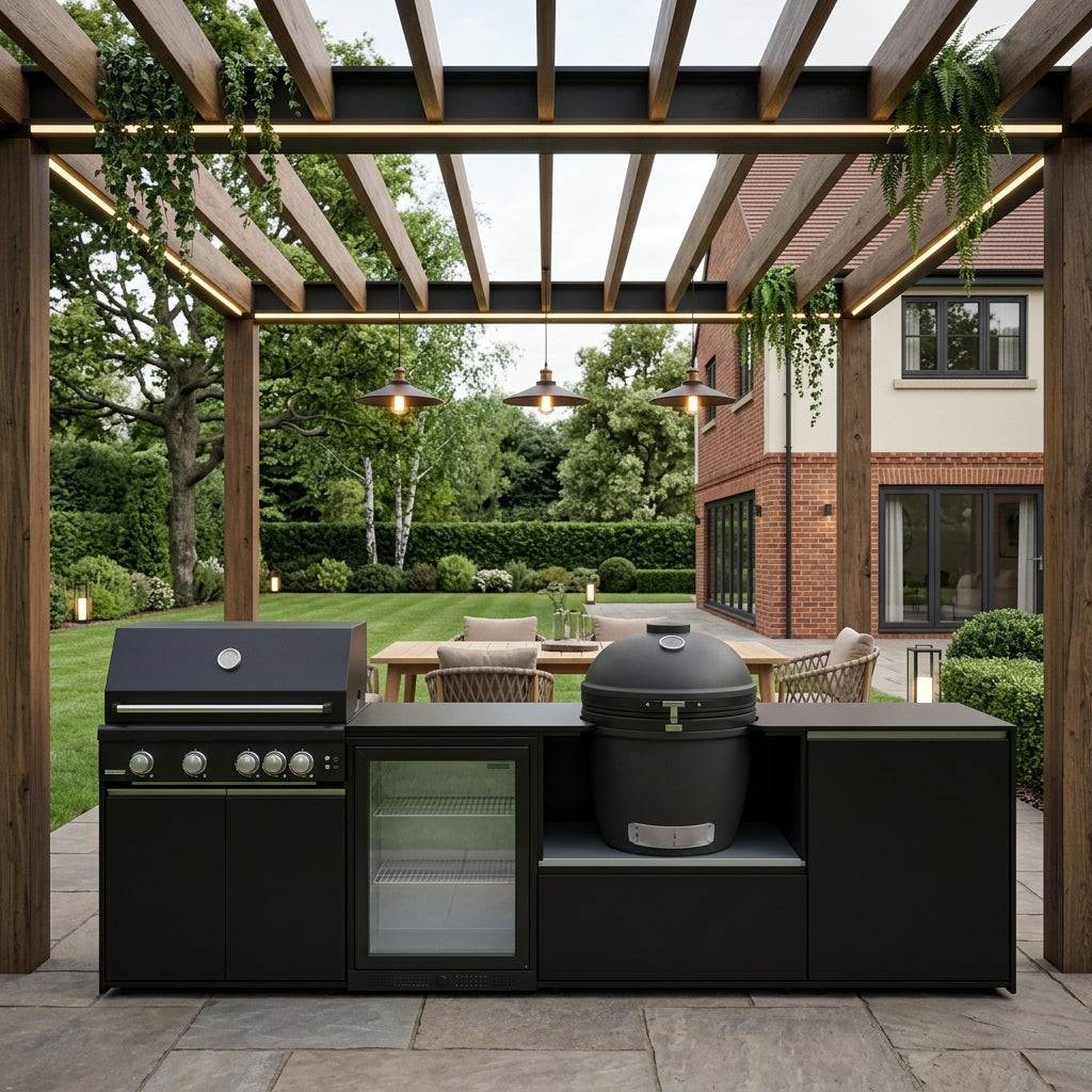 Fontana Forni Ignes Outdoor Modular Kitchen – 4 Burner Gas BBQ, Fridge, 24″ Kamado, and Double-Door Mid Storage