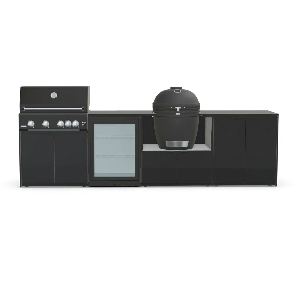 Fontana Forni Ignes Outdoor Modular Kitchen – 4 Burner Gas BBQ, Fridge, 24″ Kamado, and Double-Door Mid Storage