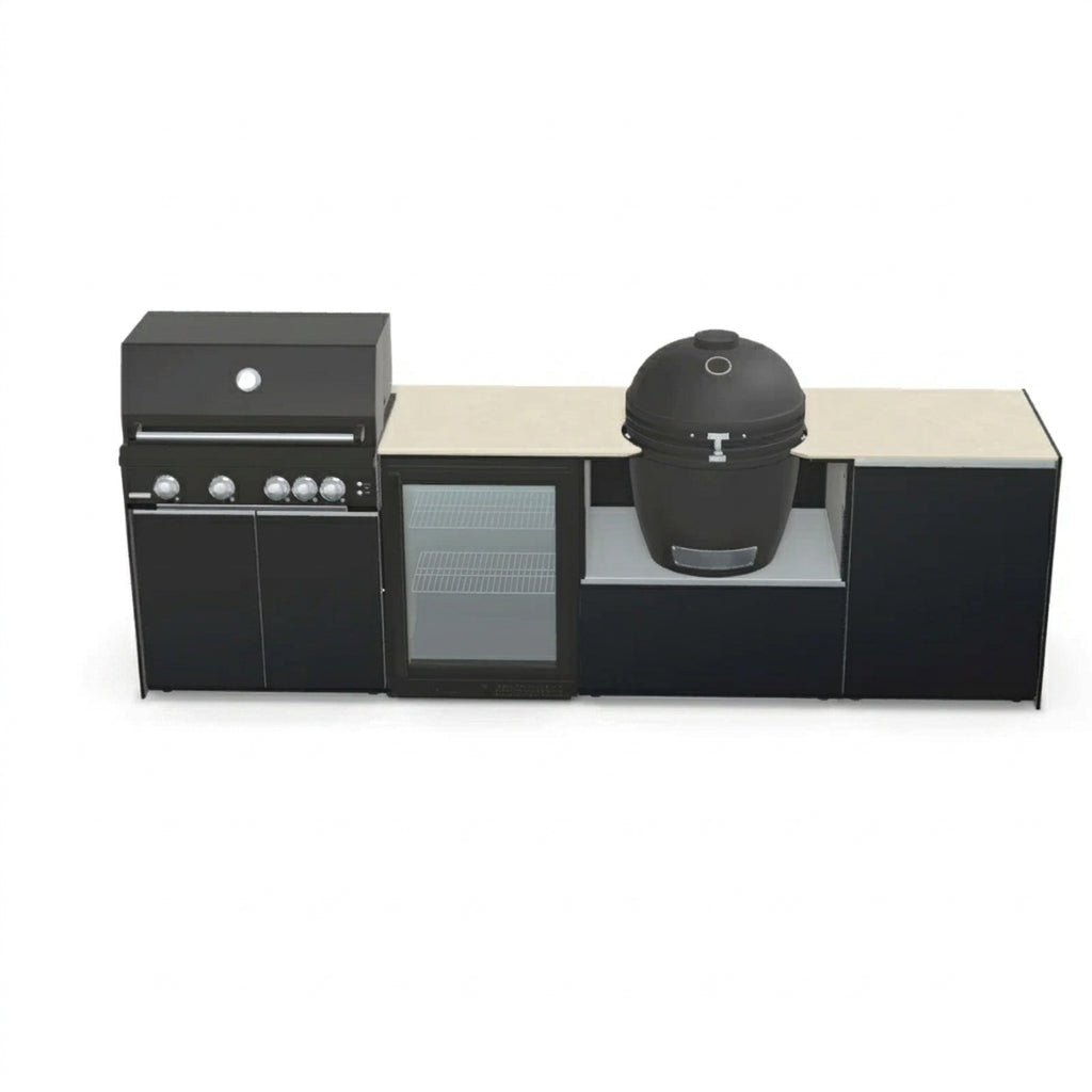 Fontana Forni Ignes Outdoor Modular Kitchen – 4 Burner Gas BBQ, Fridge, 24″ Kamado, and Double-Door Mid Storage