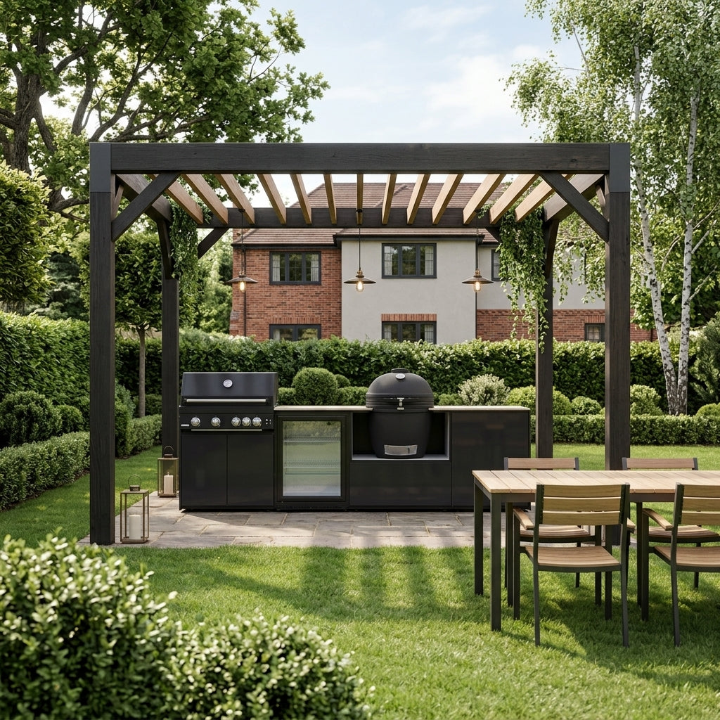 Fontana Forni Ignes Outdoor Modular Kitchen – 4 Burner Gas BBQ, Fridge, 24″ Kamado, and Double-Door Mid Storage