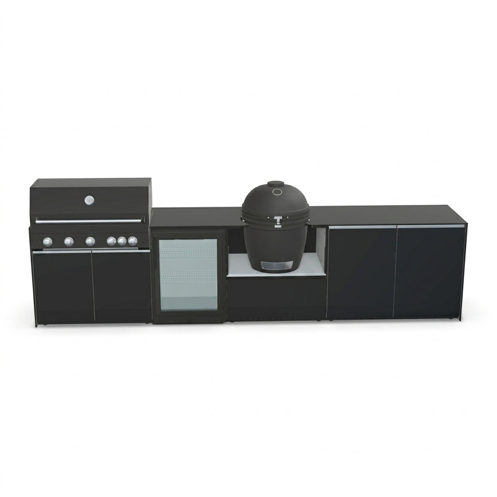 Fontana Forni Ignes Outdoor Modular Kitchen – 5 Burner Gas BBQ, Fridge, 24″ Kamado, and Double-Door Plus Storage