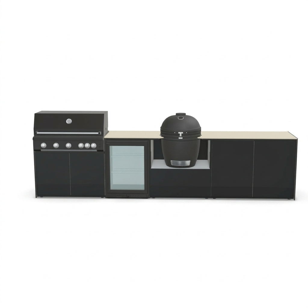 Fontana Forni Ignes Outdoor Modular Kitchen – 5 Burner Gas BBQ, Fridge, 24″ Kamado, and Double-Door Plus Storage