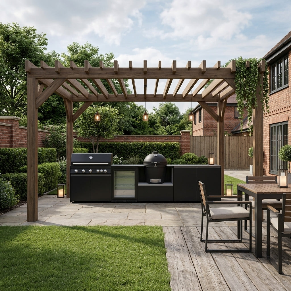 Fontana Forni Ignes Outdoor Modular Kitchen – 5 Burner Gas BBQ, Fridge, 24″ Kamado, and Double-Door Plus Storage