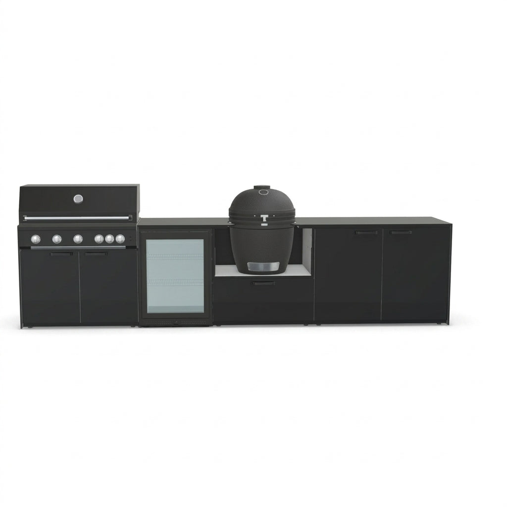 Fontana Forni Ignes Outdoor Modular Kitchen – 5 Burner Gas BBQ, Fridge, 24″ Kamado, and Double-Door Plus Storage